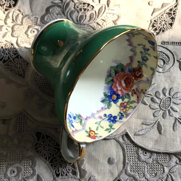 AYNSLEY Tea Cup & Saucer, Green, Cabbage Rose, Bone China, England Pattern B5304 - Picture 12 of 15
